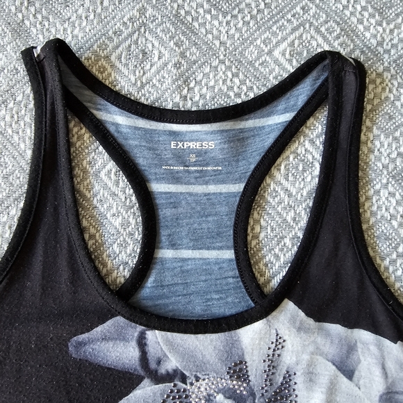 Express Flowery Silver Mini Dress w/ Blue Trim, Rhinestone Detailing and Stripes - Picture 2 of 16